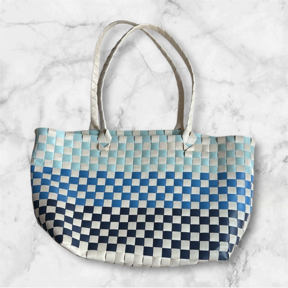 Blue and White woven Checkered Tote beach shopping Bag